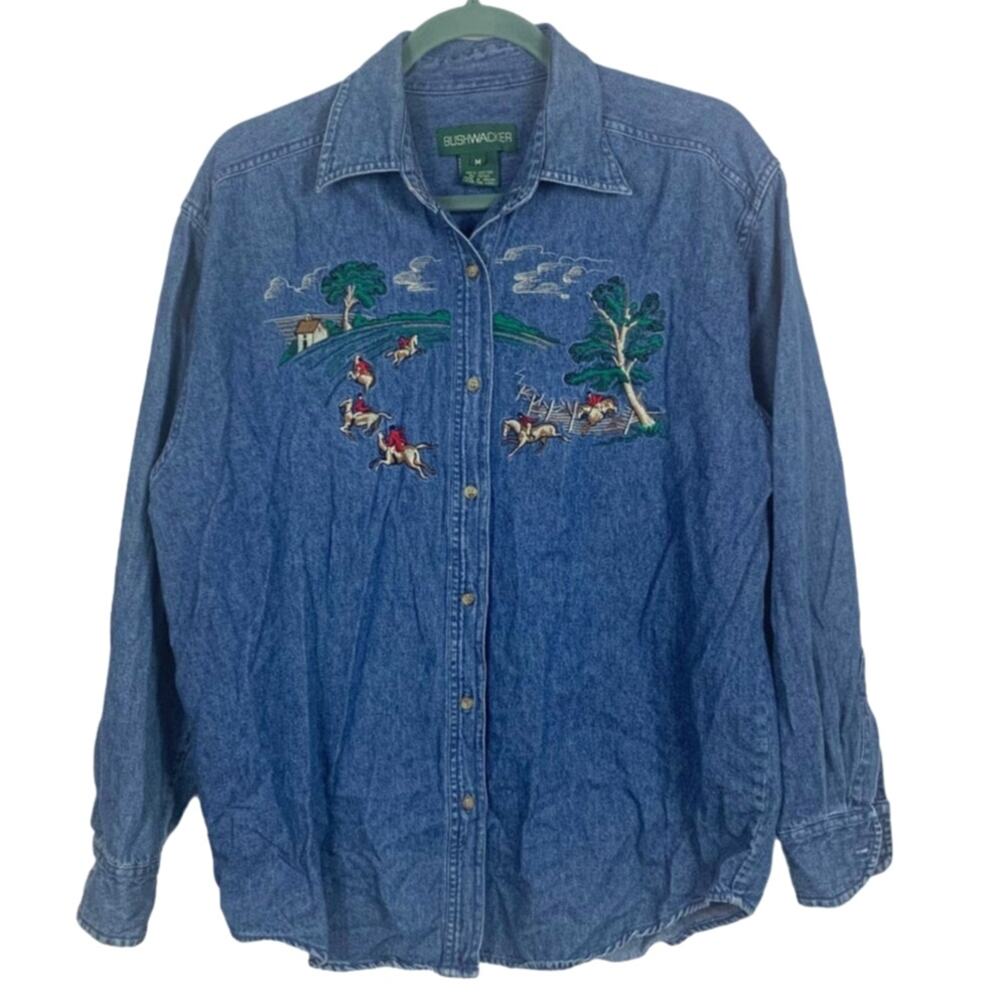 Vintage Bushwacker Denim Button Up Shirt Hunt/Equestrian Embroidery Size M